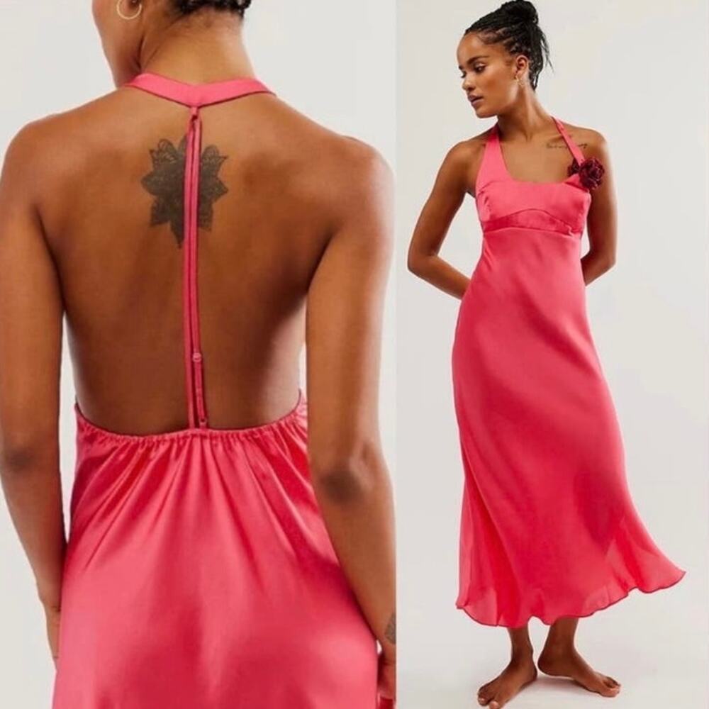 Free People Intimately NWOT Happy Hour Pink Satiny T-Back Midi Dress Medium